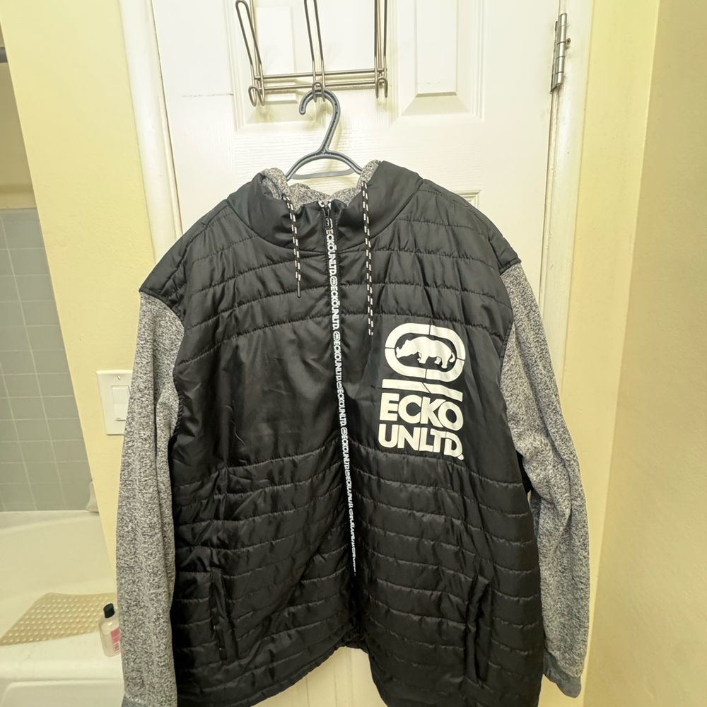 Ecko Unltd Black & Gray Quilted Puffer Jacket with Logo